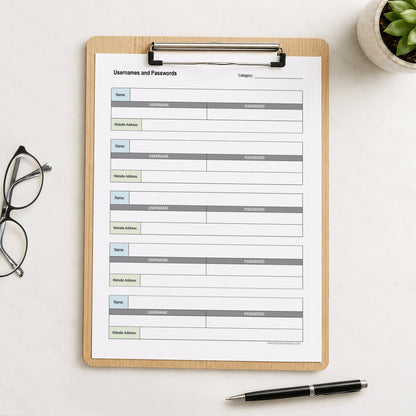 A printed Password Log Sheet for Usernames and Website Logins (printable page) shown on a wooden clipboard on a table with a plant, glasses, and a pen.