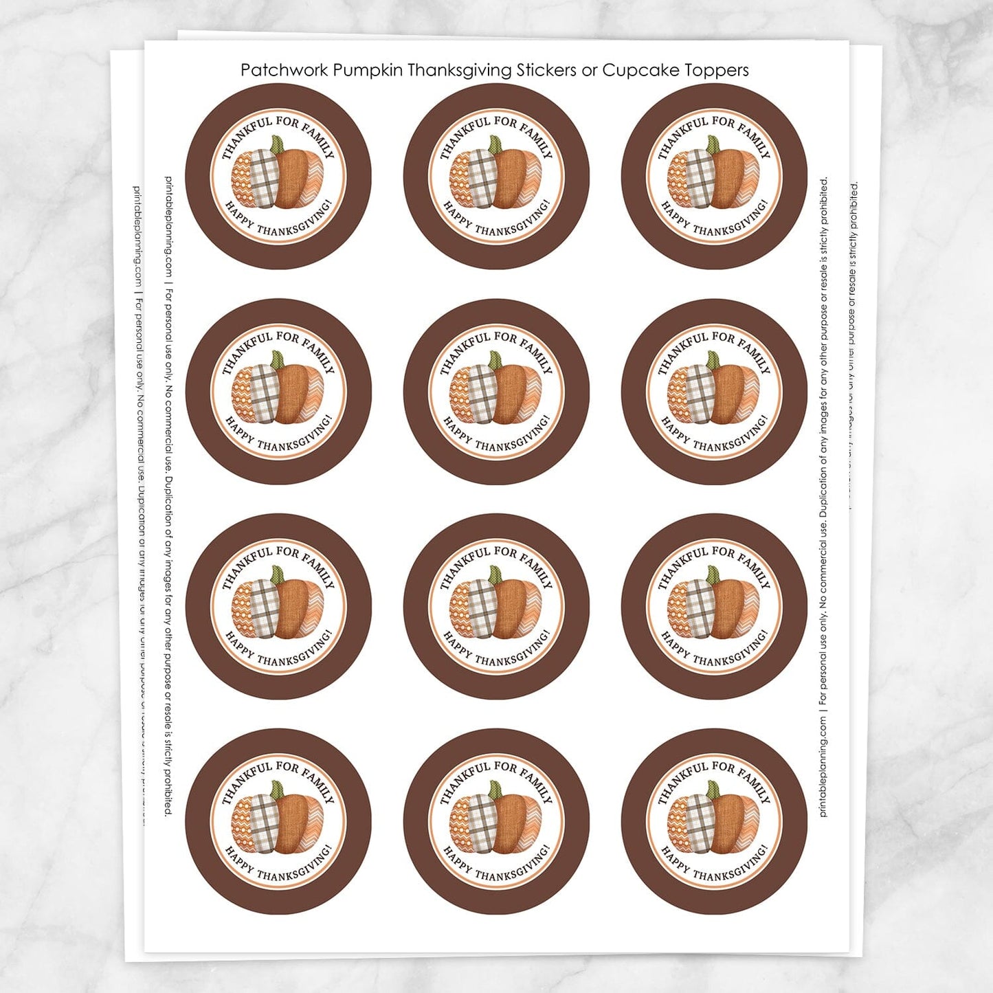 Printable Patchwork Pumpkin Thanksgiving Stickers or Cupcake Toppers at Printable Planning. Sheet of 12.