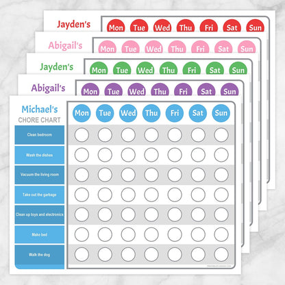 Printable Personalized Chore Chart BUNDLE, 5 Colored Weekly Pages at Printable Planning.