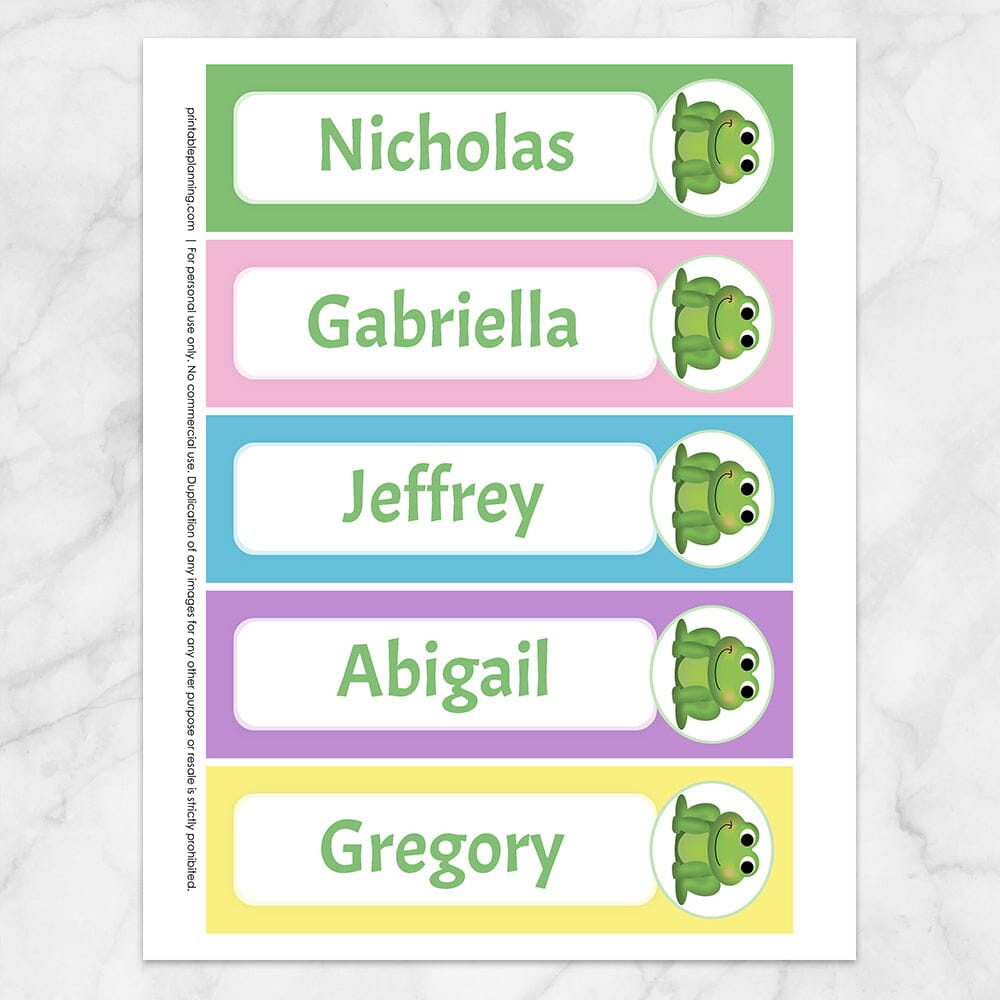 Printable Personalized Adorable Frog Colorful Bookmarks at Printable Planning. Sheet of 5 bookmarks.