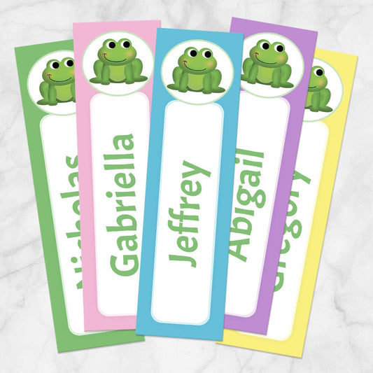 Printable Personalized Adorable Frog Colorful Bookmarks at Printable Planning. Example of 5 bookmarks.