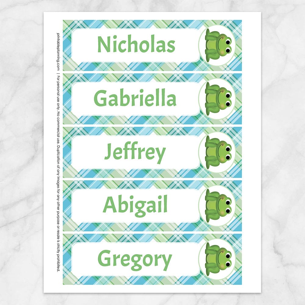 Printable Personalized Adorable Frog Green and Blue Plaid Bookmarks at Printable Planning. Sheet of 5 bookmarks.