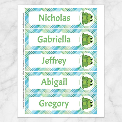 Printable Personalized Adorable Frog Green and Blue Plaid Bookmarks at Printable Planning. Sheet of 5 bookmarks.