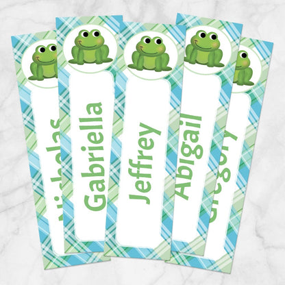Printable Personalized Adorable Frog Green and Blue Plaid Bookmarks at Printable Planning. Example of 5 bookmarks.