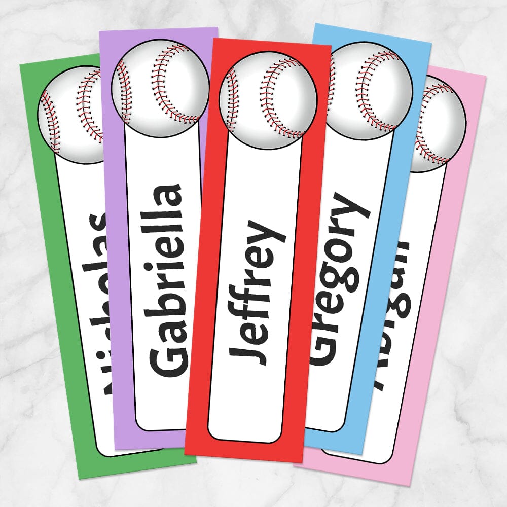 Printable Personalized Baseball Colorful Bookmarks at Printable Planning. Example of 5 bookmarks.