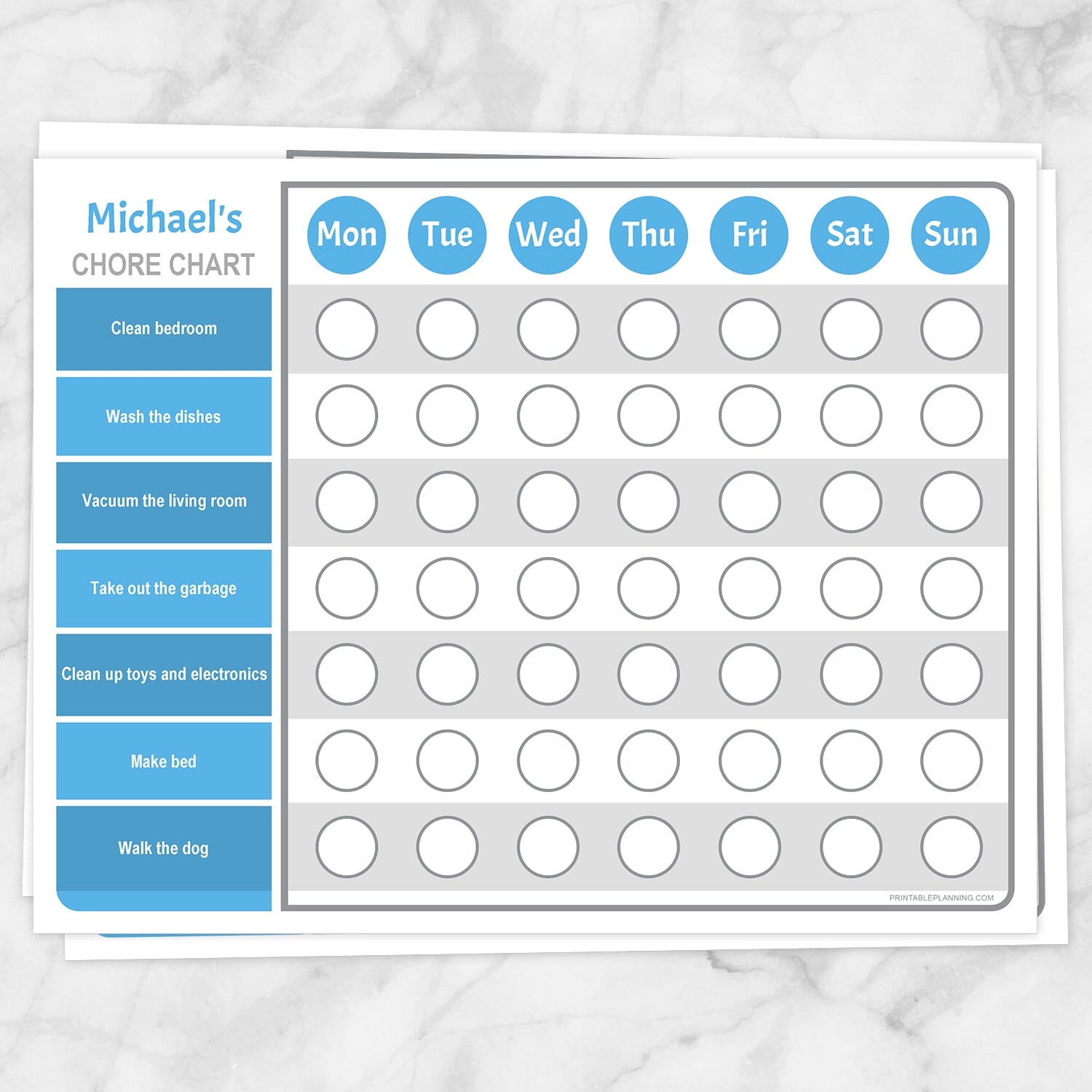 Printable Personalized Chore Chart Weekly Pages in blue at Printable Planning.
