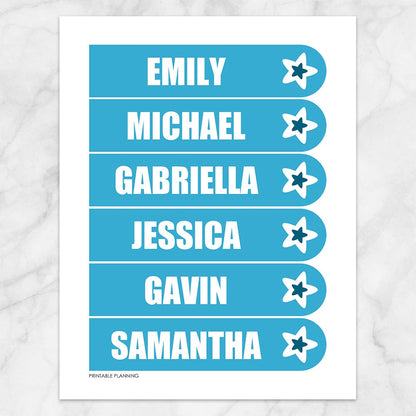 Printable Personalized Blue Star Bookmarks at Printable Planning. Sheet of 6 bookmarks.