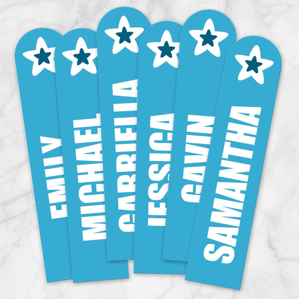 Printable Personalized Blue Star Bookmarks at Printable Planning. Example of 6 bookmarks.