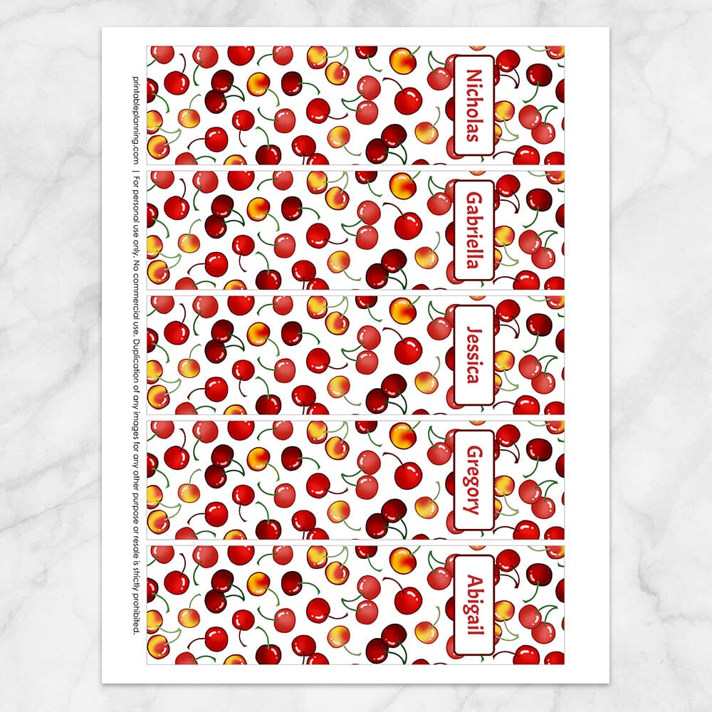 Printable Personalized Cherries Bookmarks at Printable Planning. Sheet of 5 bookmarks.