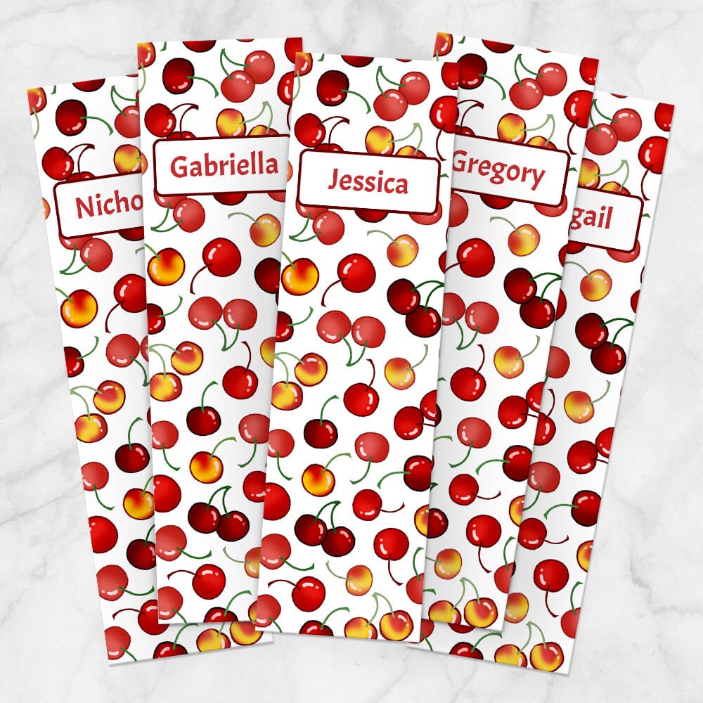 Printable Personalized Cherries Bookmarks at Printable Planning. Example of 5 bookmarks.