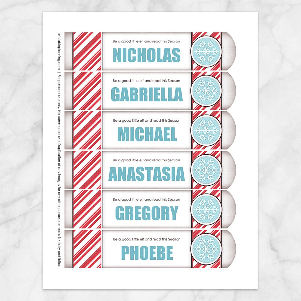 Printable Personalized Christmas Candy Cane Stripe Blue Snowflake Bookmarks at Printable Planning. Sheet of 6 bookmarks.
