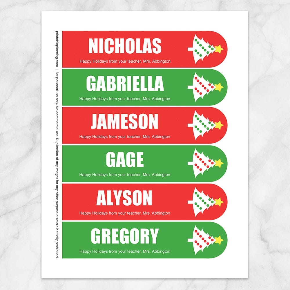 Printable Personalized Christmas Holiday Tree Red Green Bookmarks at Printable Planning. Sheet of 6 bookmarks.