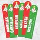 Printable Personalized Christmas Holiday Tree Red Green Bookmarks at Printable Planning. Example of 6 bookmarks.