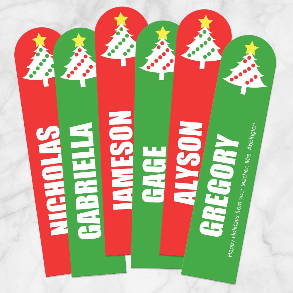 Personalized Christmas Holiday Tree Red Green Bookmarks Printable At personalized-christmas-holiday-tree-red-green-bookmarks-printable-at