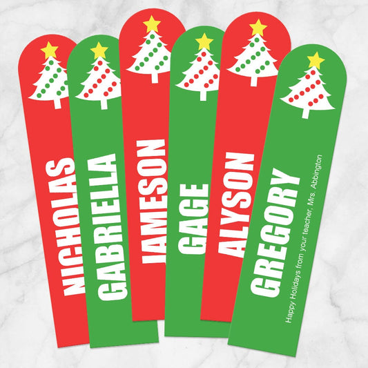 Printable Personalized Christmas Holiday Tree Red Green Bookmarks at Printable Planning. Example of 6 bookmarks.