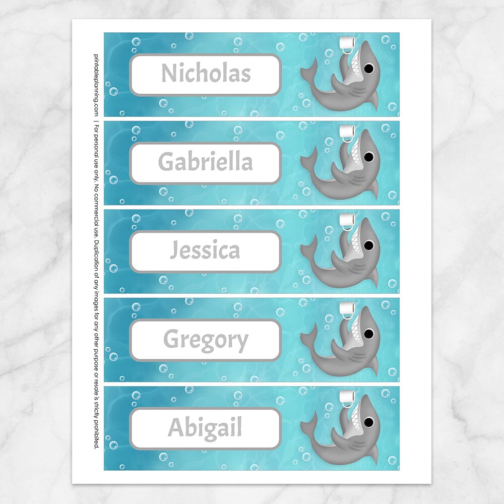 Printable Personalized Coffee Shark Bookmarks at Printable Planning. Sheet of 5 bookmarks.