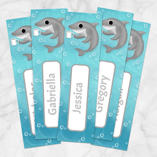 Printable Personalized Coffee Shark Bookmarks at Printable Planning. Example of 5 bookmarks.
