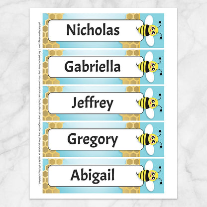 Printable Personalized Cute Honeycomb Bee Bookmarks at Printable Planning. Sheet of 5 bookmarks.