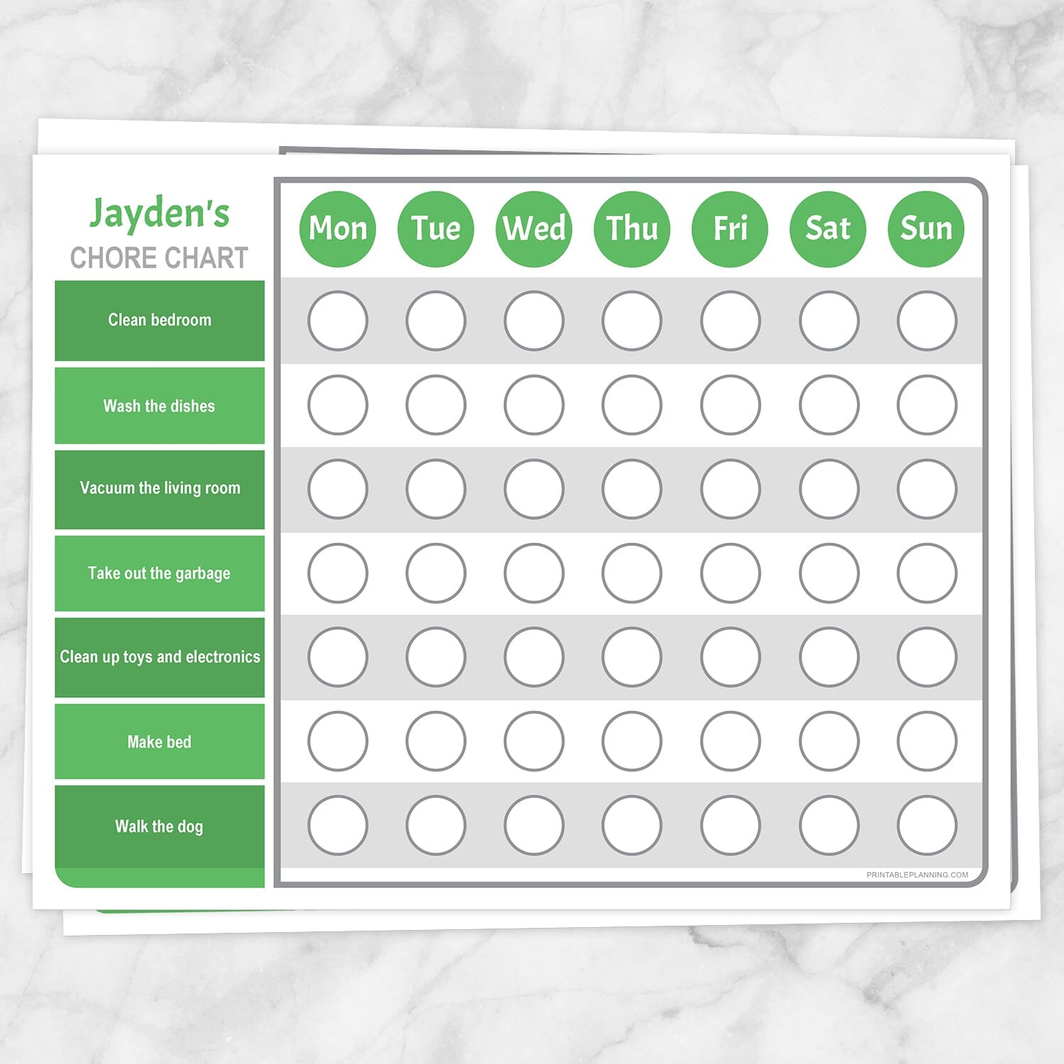 Printable Personalized Chore Chart Weekly Pages in green at Printable Planning.