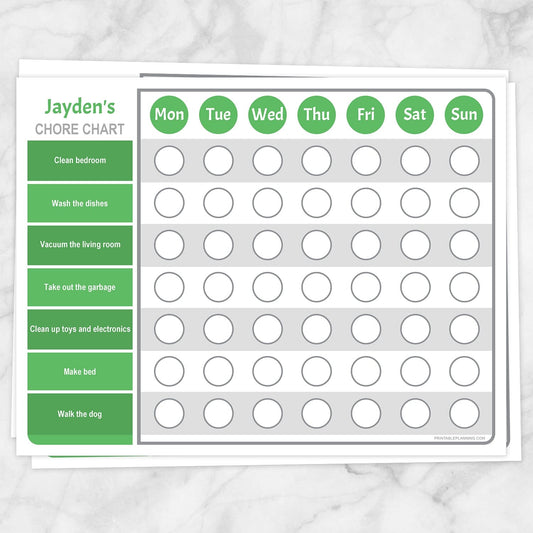 Printable Personalized Chore Chart, Green Weekly Page at Printable Planning.