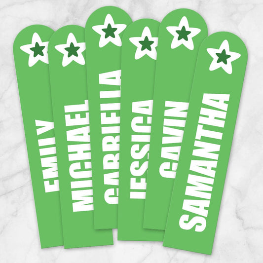 Printable Personalized Green Star Bookmarks at Printable Planning. Example of 6 bookmarks.