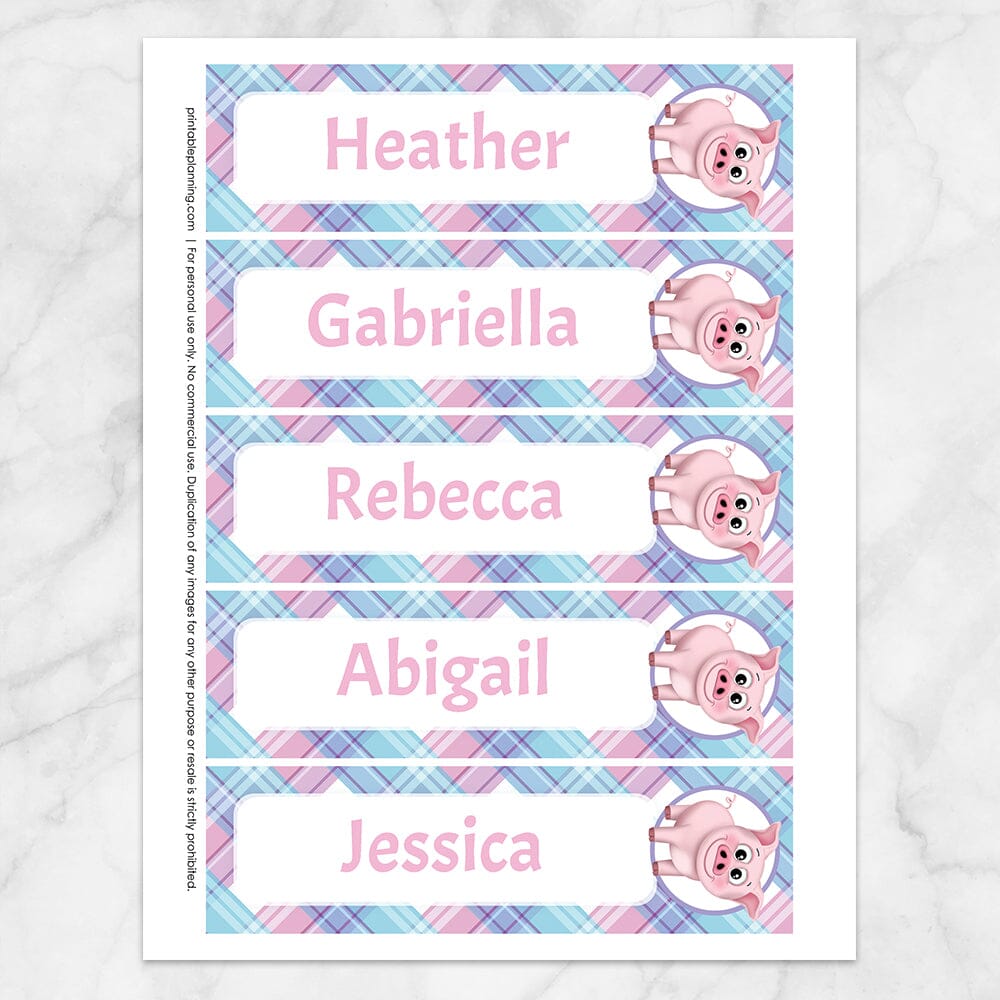 Printable Personalized Happy Pig Pink Blue and Purple Plaid Bookmarks at Printable Planning. Sheet of 5 bookmarks.