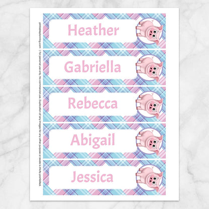 Printable Personalized Happy Pig Pink Blue and Purple Plaid Bookmarks at Printable Planning. Sheet of 5 bookmarks.