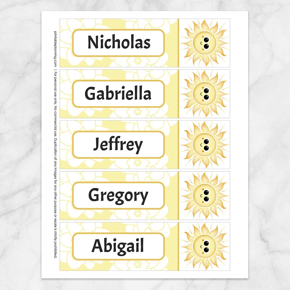 Printable Personalized Happy Sun Bookmarks at Printable Planning. Sheet of 5 bookmarks.