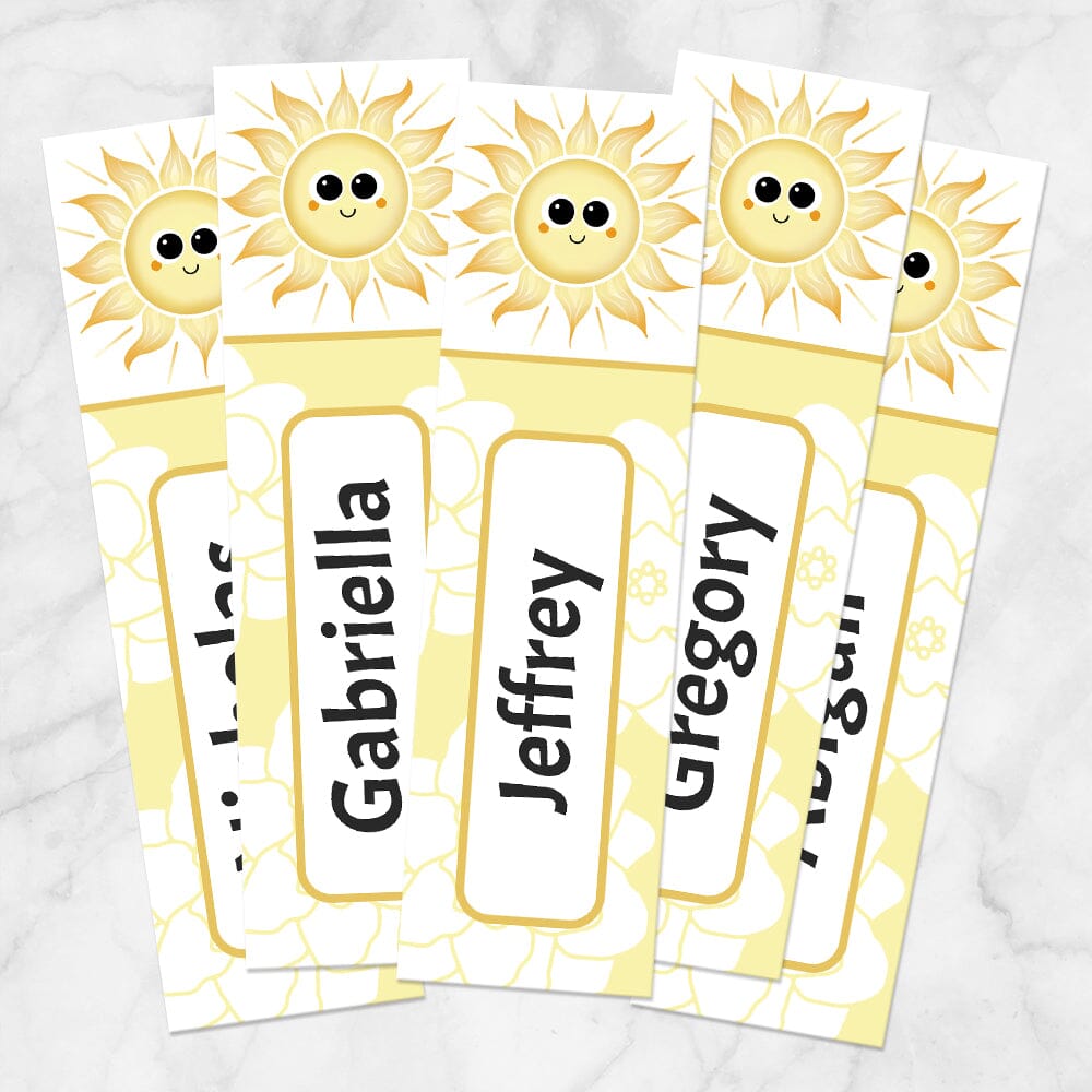 Printable Personalized Happy Sun Bookmarks at Printable Planning. Example of 5 bookmarks.