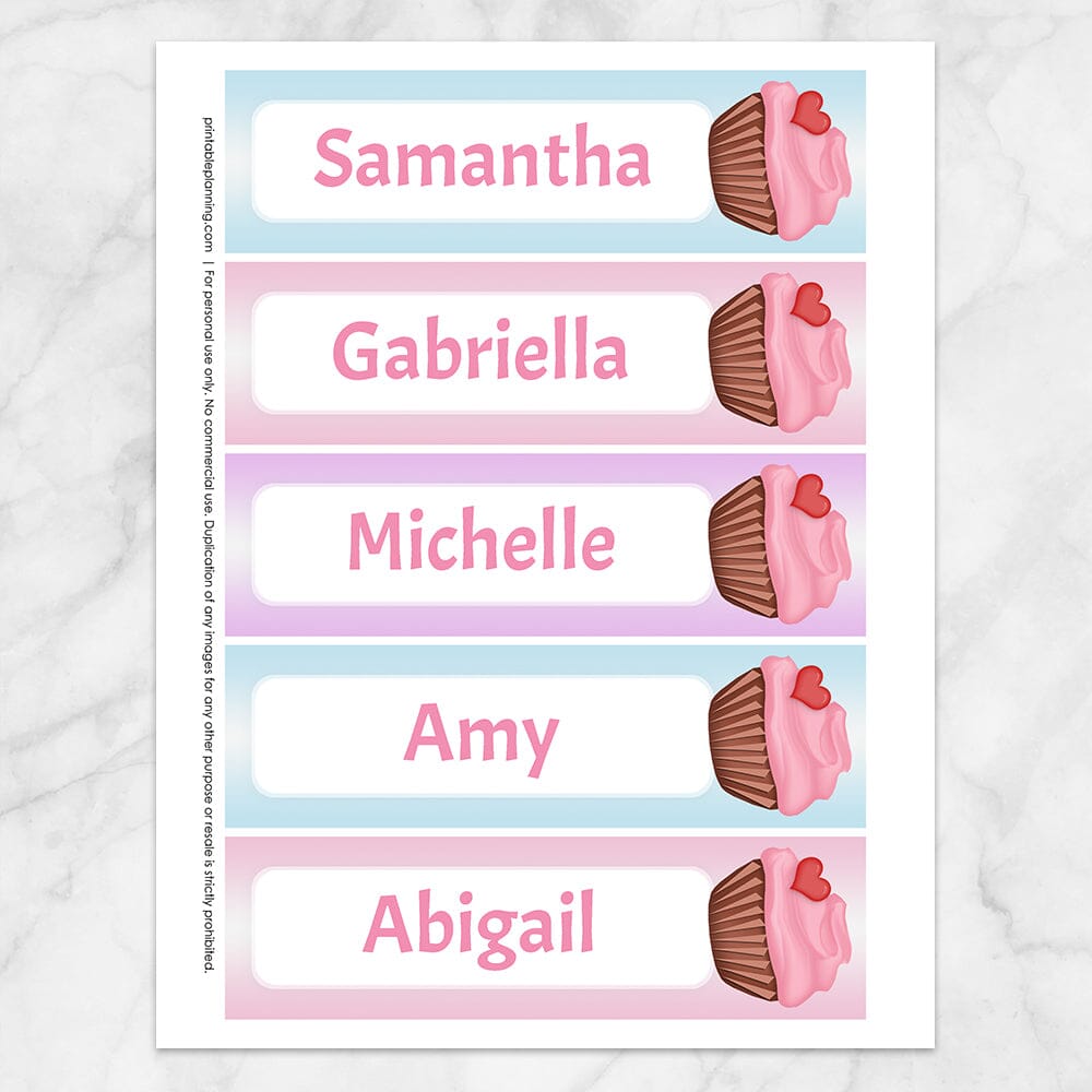 Printable Personalized Heart Cupcake Pink Blue and Purple Bookmarks at Printable Planning. Sheet of 5 bookmarks.