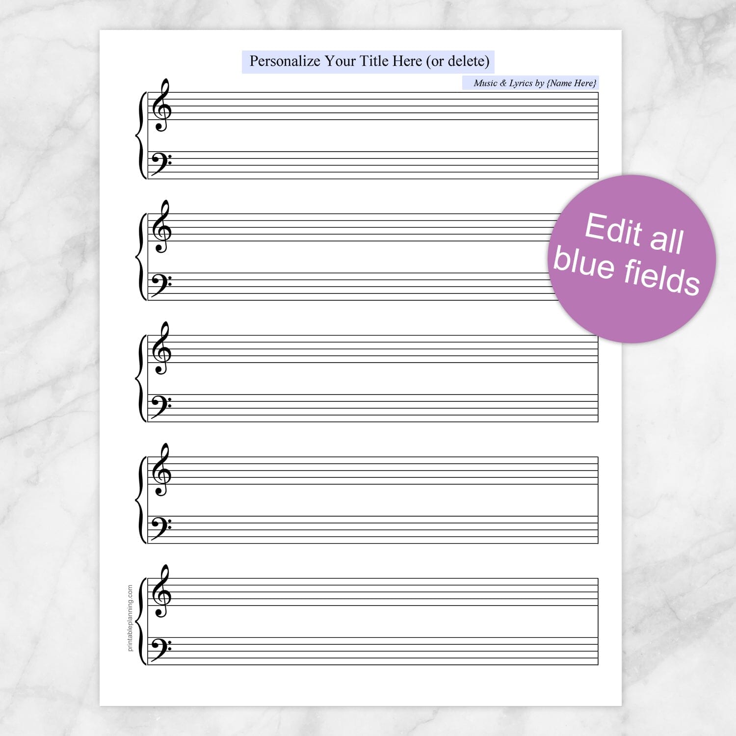 Printable Personalized Blank Piano and Vocals Sheet Music at Printable Planning. Edit the blue fields.