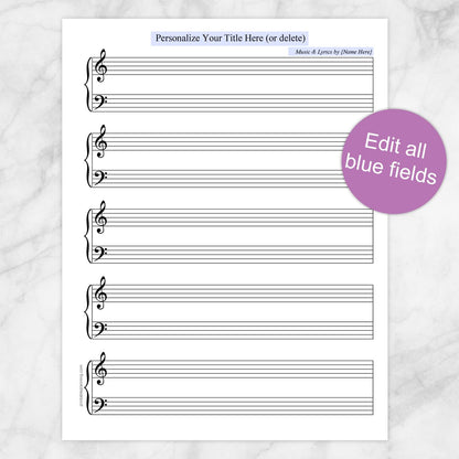 Printable Personalized Blank Piano and Vocals Sheet Music at Printable Planning. Edit the blue fields.