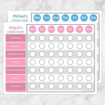 Printable Personalized Chore Chart BUNDLE, Pink Blue Weekly Pages at Printable Planning.