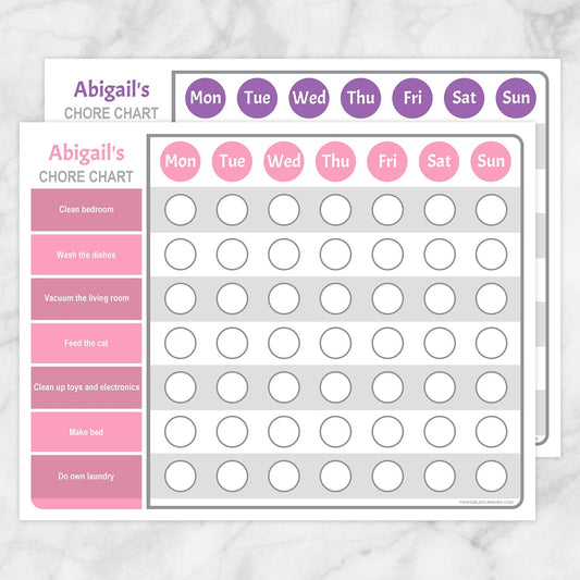 Printable Personalized Chore Chart BUNDLE, Pink Purple Weekly Pages at Printable Planning.