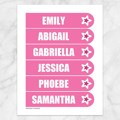 Printable Personalized Pink Star Bookmarks at Printable Planning. Sheet of 6 bookmarks.