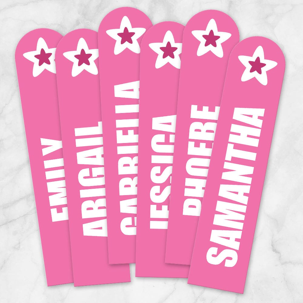 Printable Personalized Pink Star Bookmarks at Printable Planning. Example of 6 bookmarks.