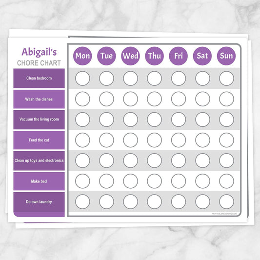 Printable Personalized Chore Chart, Purple Weekly Page at Printable Planning.