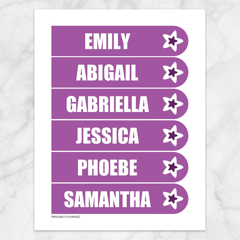 Printable Personalized Purple Star Bookmarks at Printable Planning. Sheet of 6 bookmarks.