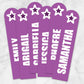 Printable Personalized Purple Star Bookmarks at Printable Planning. Example of 6 bookmarks. 