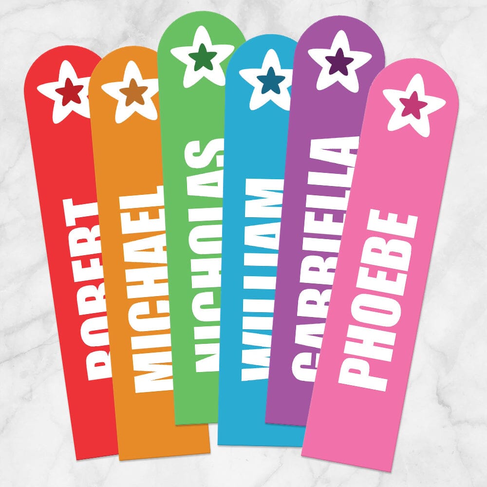 Printable Personalized Rainbow Star Bookmarks at Printable Planning. Example of 6 bookmarks.