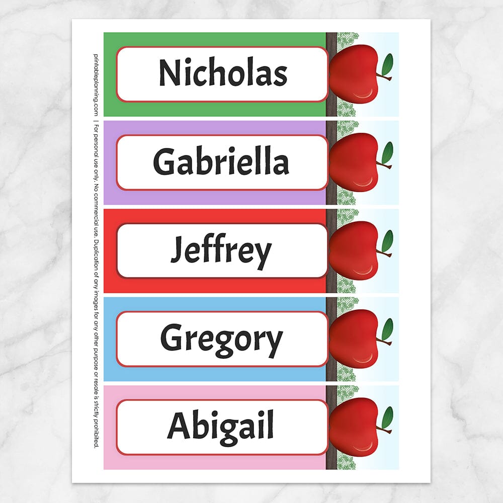 Printable Personalized Red Apple Colorful Bookmarks at Printable Planning. Sheet of 5 bookmarks,