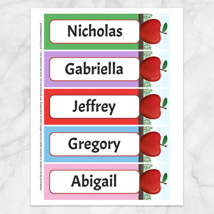 Printable Personalized Red Apple Colorful Bookmarks at Printable Planning. Sheet of 5 bookmarks,