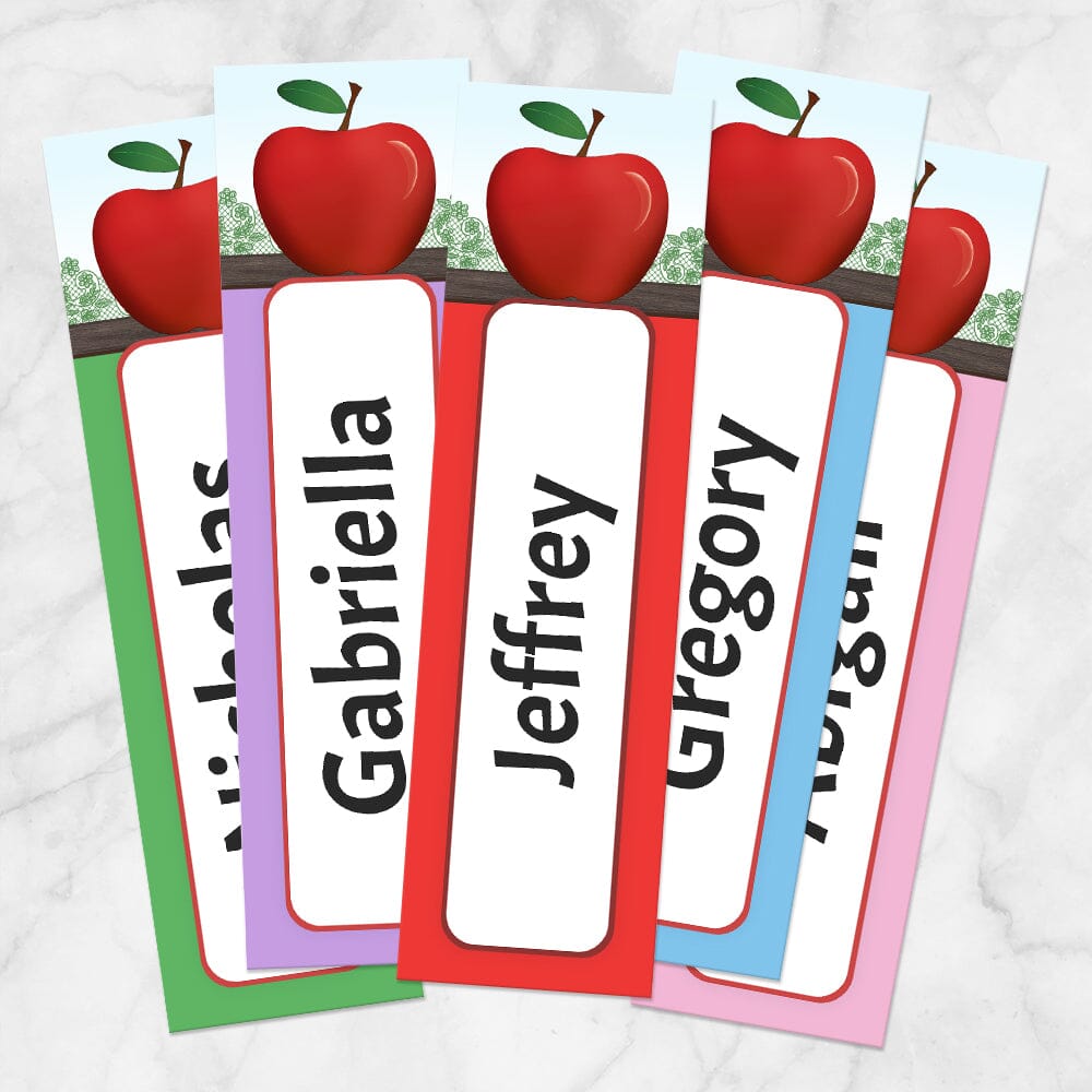 Printable Personalized Red Apple Colorful Bookmarks at Printable Planning. Example of 5 bookmarks.