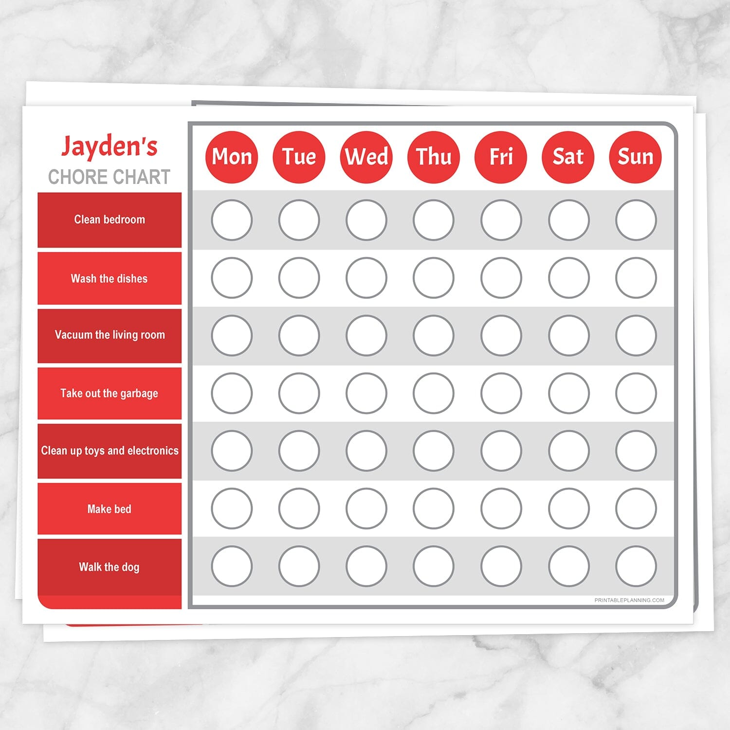 Printable Personalized Chore Chart Weekly Pages in red at Printable Planning.