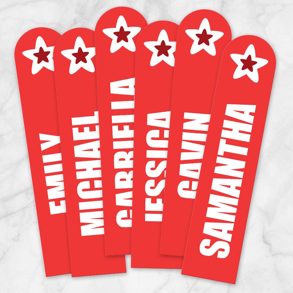 Printable Personalized Red Star Bookmarks at Printable Planning. Example of 6 bookmarks.