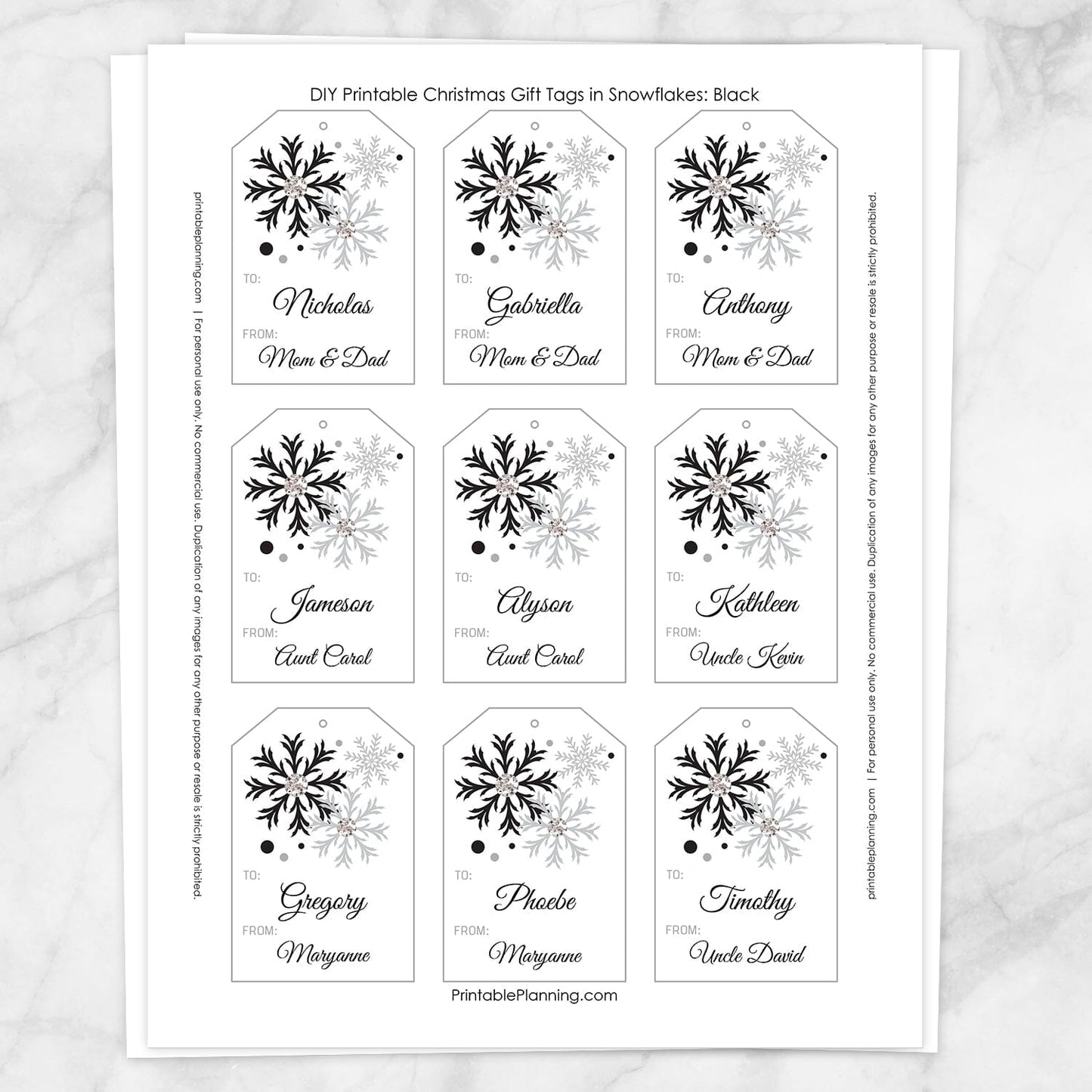 Printable Snowflake Personalized Gift Tags in Black at Printable Planning. Sheet of 9 gift tags.