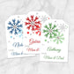 Printable Snowflake Personalized Gift Tags - Blue Red Green at Printable Planning. Example of 3 gift tags.
