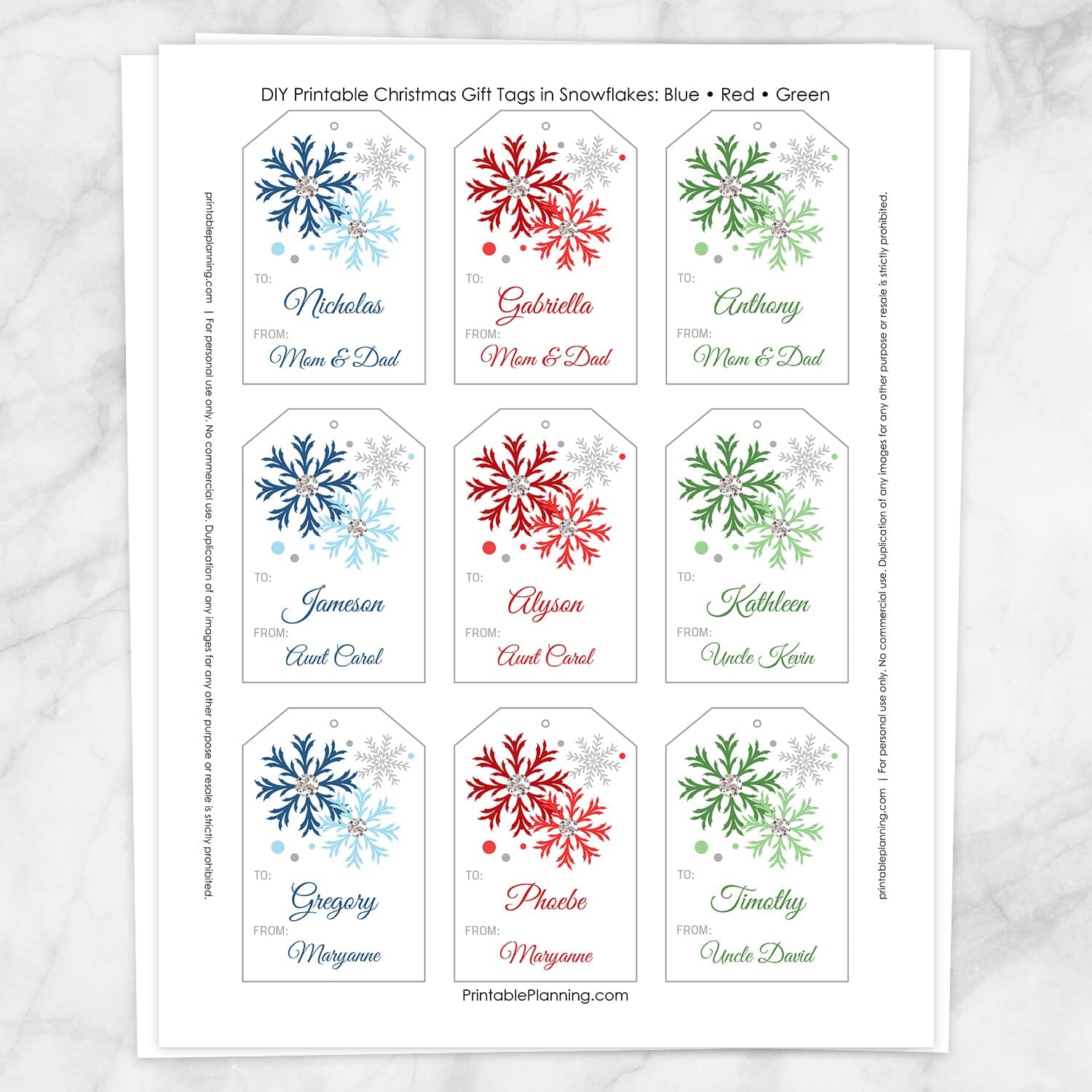 Printable Snowflake Personalized Gift Tags - Blue Red Green at Printable Planning. Sheet of 9 gift tags.