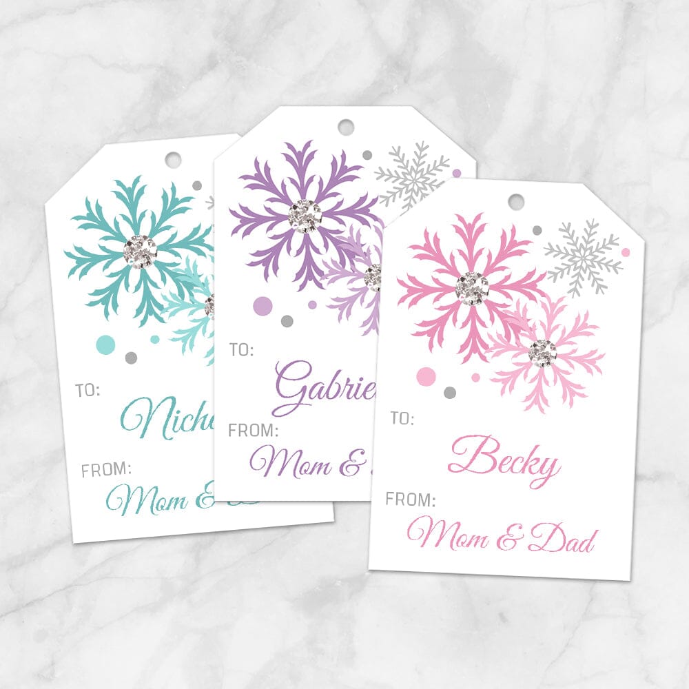 Printable Snowflake Personalized Gift Tags - Turquoise Purple Pink at Printable Planning. Example of 3 gift tags.