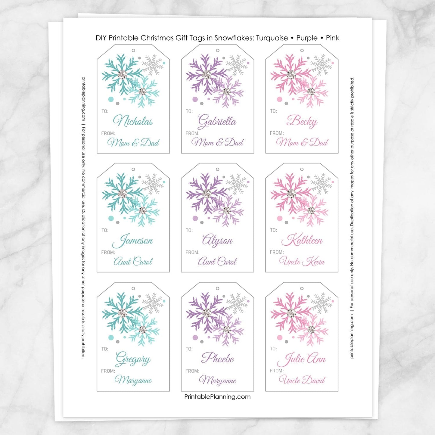 Printable Snowflake Personalized Gift Tags - Turquoise Purple Pink at Printable Planning. Sheet of 9 gift tags.